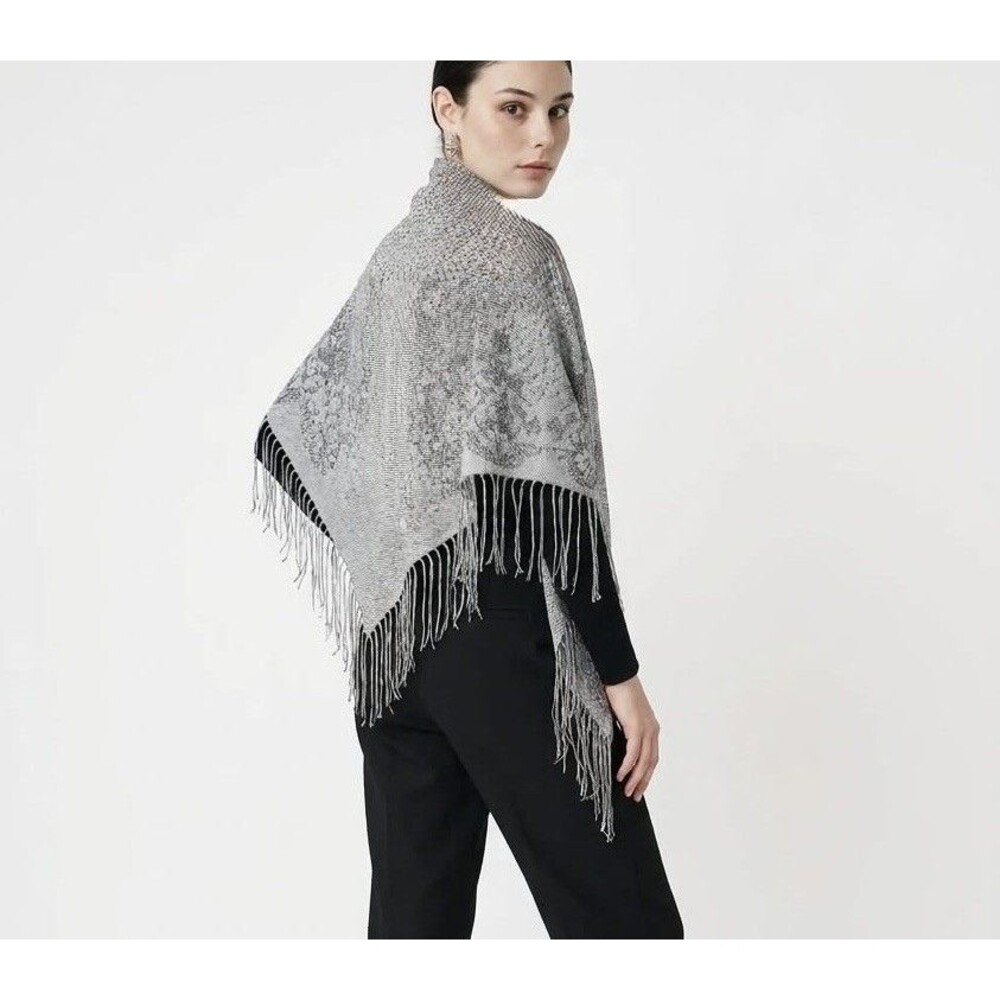 Gray Black White Paisley Floral Fringed Triangle Shawl Scarf Wrap Boho